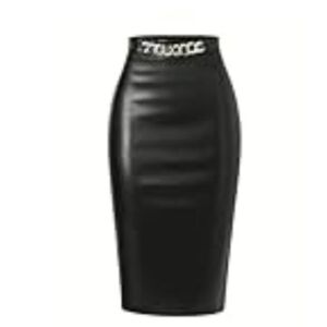 High-Waist Black Faux Leather Pencil Skirt with Gold Chain Detail